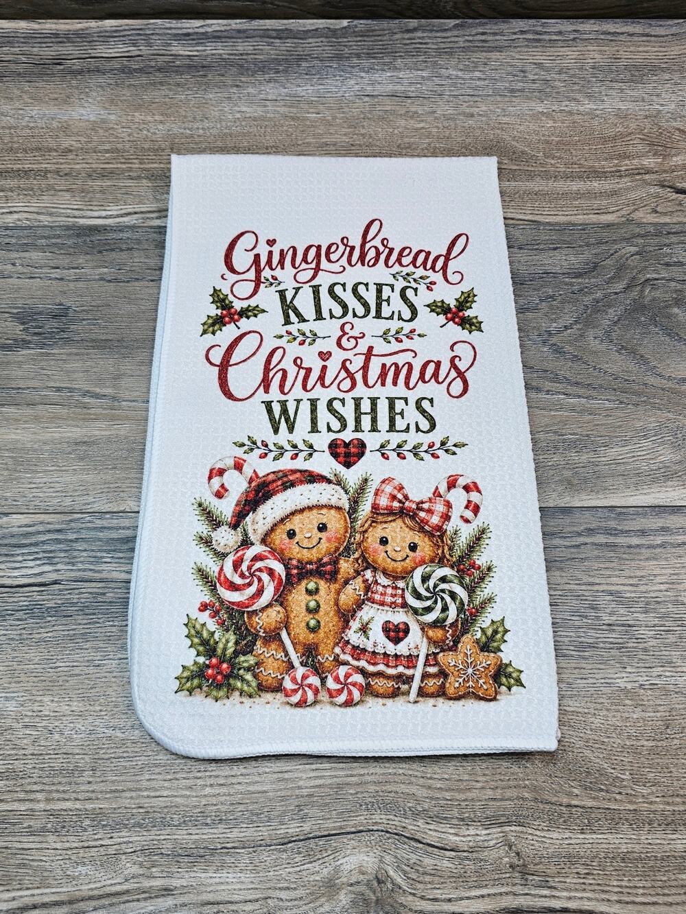 Gingerbread Kisses Christmas Wishes Kitchen Towel Holiday Farmhouse Decor